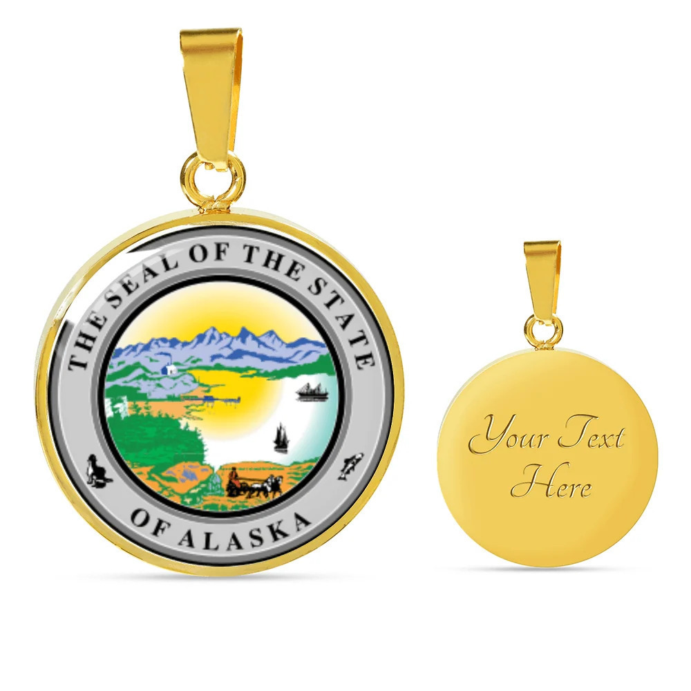 Alaska State Seal Personalized Engraved Gold Circle Necklace Custom Name Date G